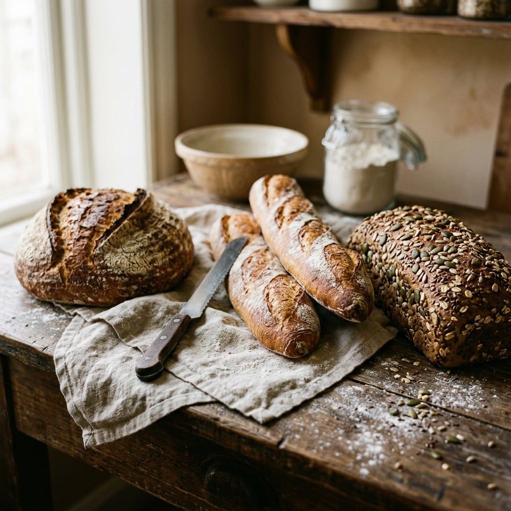 Pain de campagne, deux baguettes et un pain aux graines sur un torchon en lin.