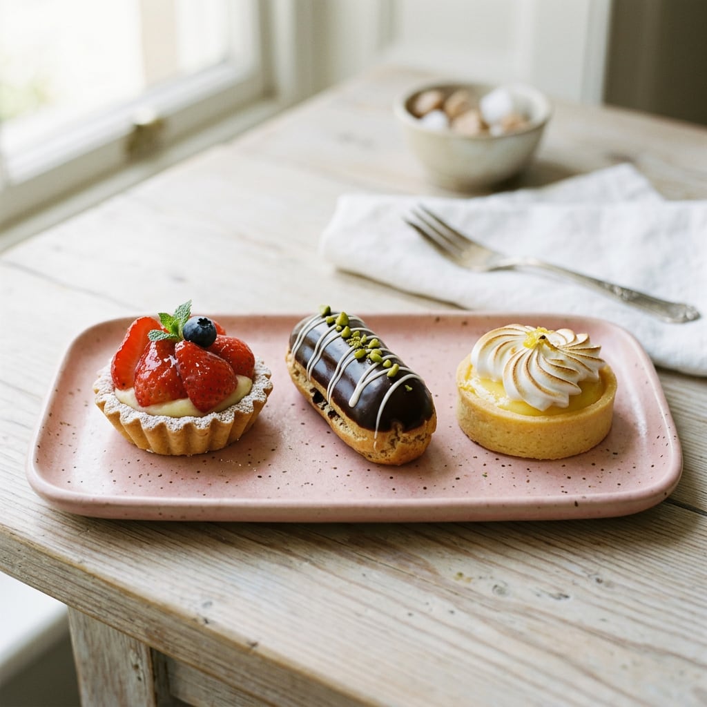 Tartelette aux fraises, éclair au chocolat et à la pistache, tarte au citron meringuée sur un plateau rose.