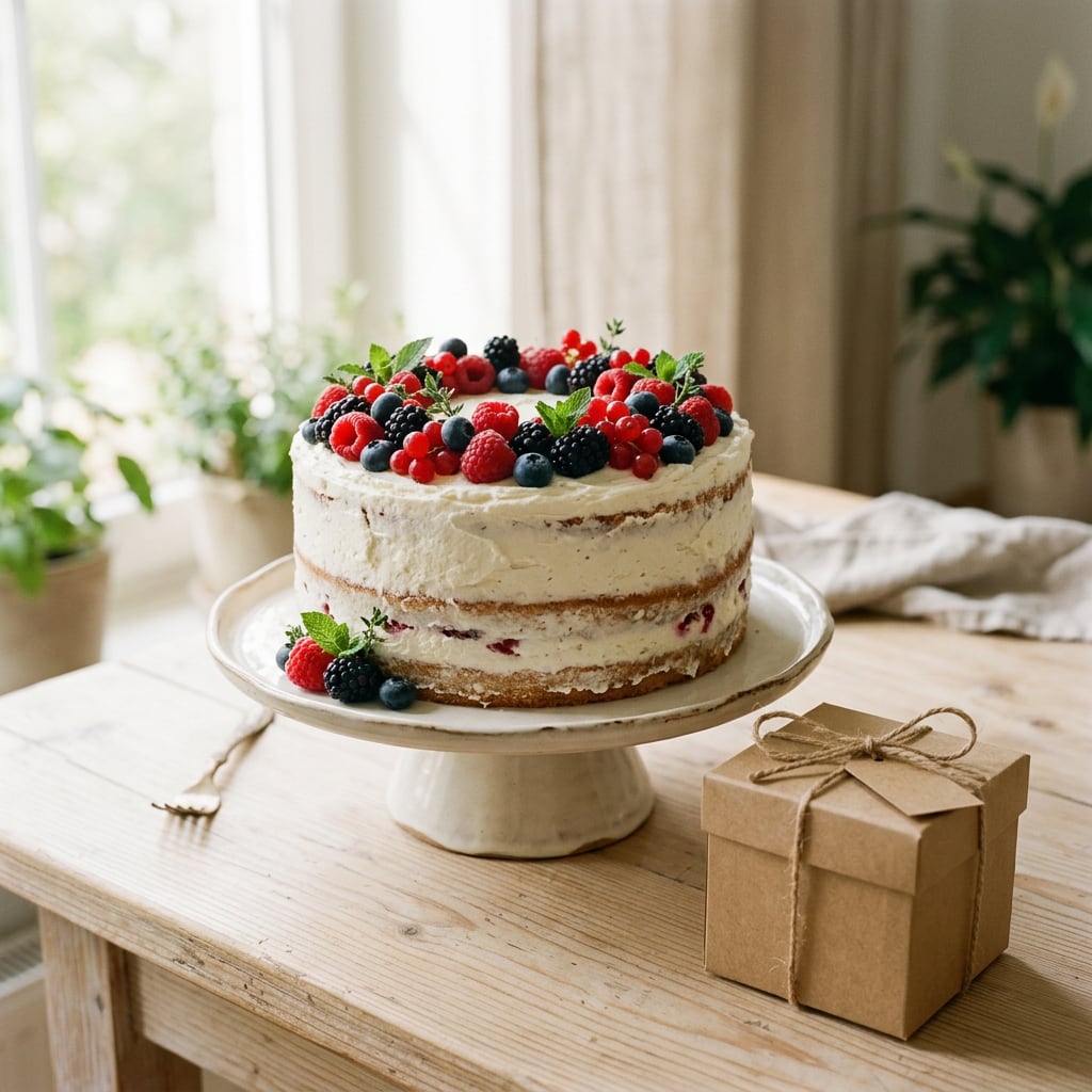 Gâteau en couches couronné de fruits rouges, posé sur un présentoir à côté d’une boîte en kraft.