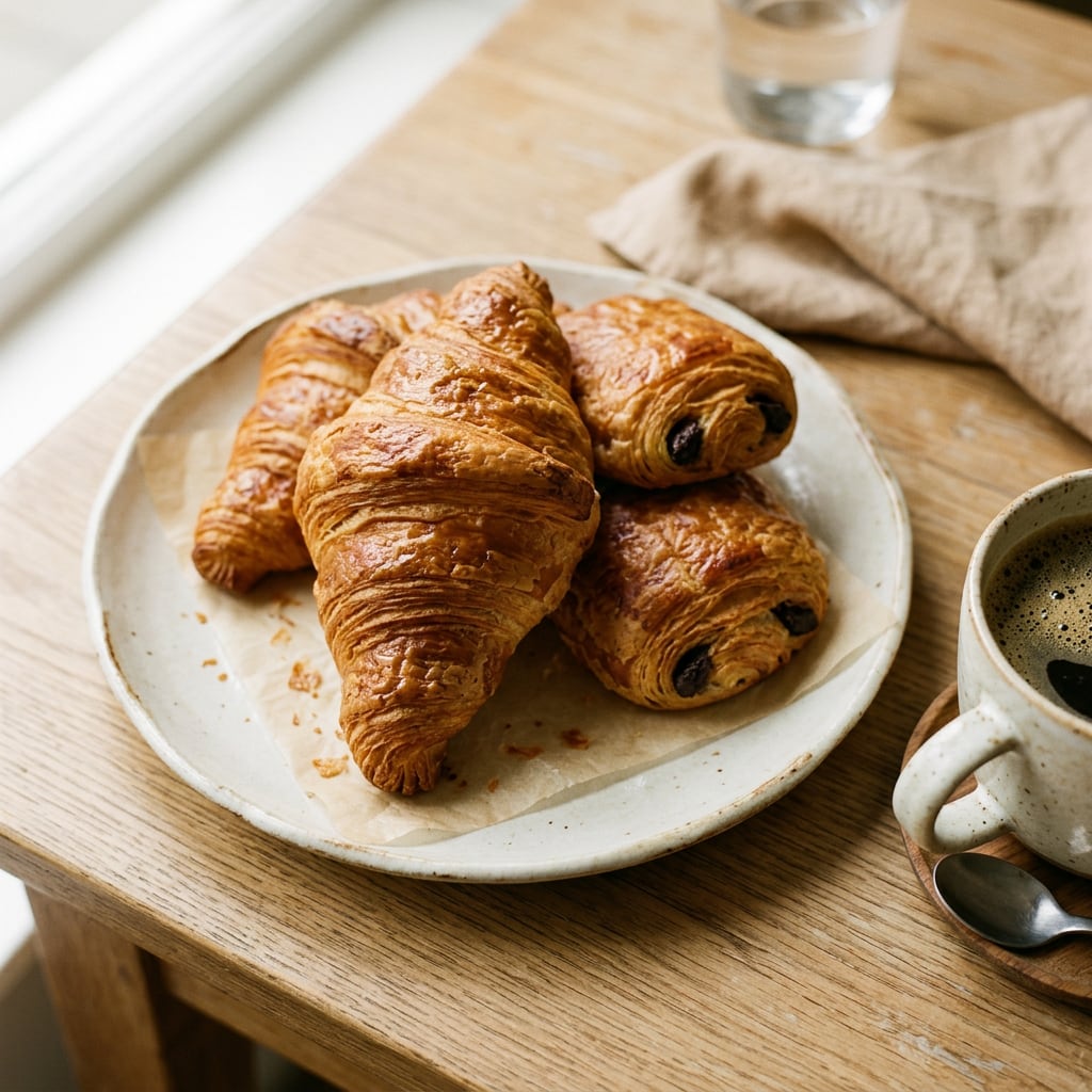 Un croissant et des pains au chocolat sur une assiette en céramique, à côté d’un café.