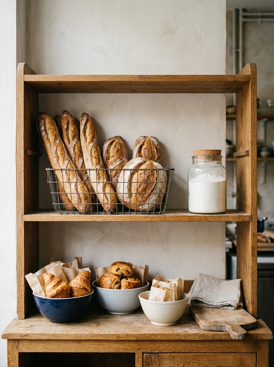 Étagère en bois : paniers de baguettes et de pains, bols en céramique remplis de viennoiseries dans des sacs en papier.
